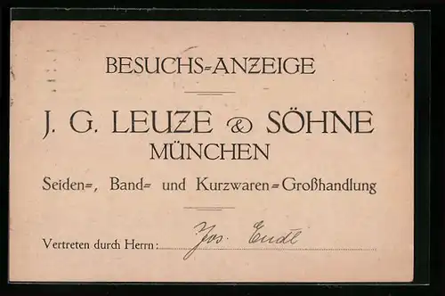 AK München, Besuchs-Anzeige J. G. Leuze & Söhne