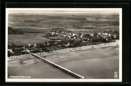 AK Scharbeutz, Fliegeraufnahme der Stadt mit der Seebrücke im Vordergrund