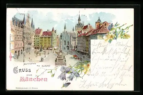 Lithographie München, Marienplatz mit Rathaus