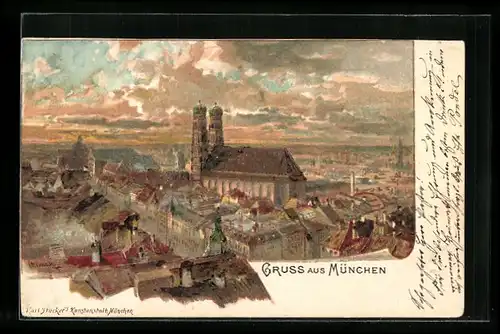 Künstler-AK München, Totalansicht während der Dämmerung
