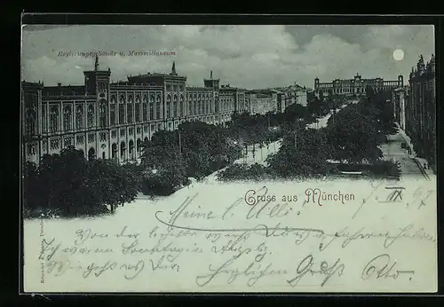 Mondschein-AK München, Regierungsgebäude und Maximilianeum