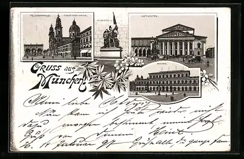 Lithographie München, Feldherrnhalle & Theatinerkirche, Hoftheater, Residenz