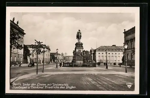 AK Berlin, Unter den Linden, Denkmal Friedrichs des Grossen vor der Universität und Staatsoper