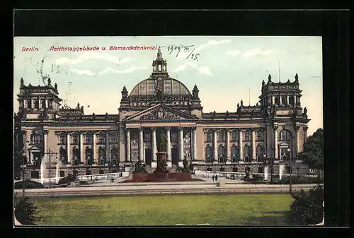 AK Berlin, Reichstagsgebäude und Bismarckdenkmal