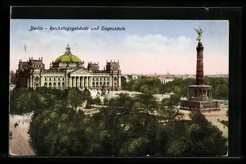 AK Berlin, Blick auf die Siegessäule und das Reichstagsgebäude