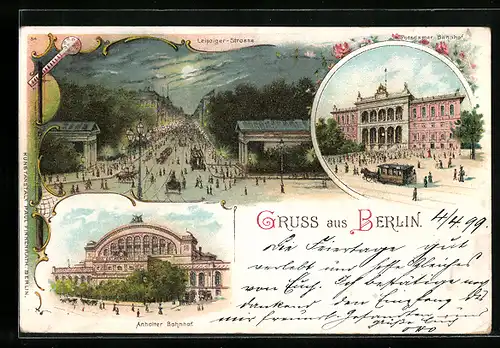 Lithographie Berlin, Leipziger Strasse, Potsdamer Bahnhof, Anhalter Bahnhof