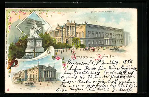 Lithographie Berlin, Palais Kaiser Wilhelm I., Denkmal Kaiserin Augusta, Königl. Opernhaus