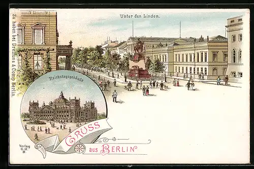 Lithographie Berlin, Unter den Linden, vor dem Reichstagsgebäude