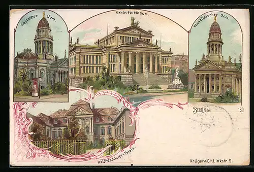 Lithographie Berlin, Schauspielhaus, Deutscher Dom, Französischer Dom, Gendarmenmarkt