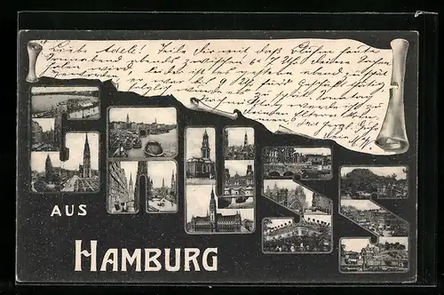 AK Hamburg, Blick auf das Alsterufer, Rathaus, Kirchen, Stadtplatz