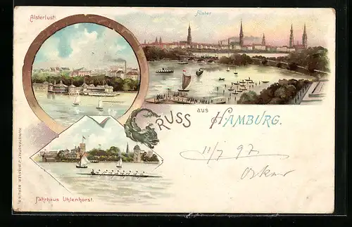 Lithographie Hamburg, Blick auf das Alsterufer, Fährhaus Uhlenhorst, Alsterlust