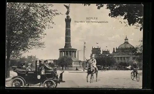 AK Berlin, Autos an der Siegessäule vor dem Reichstagsgebäude