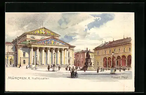 Lithographie München, die Hauptpost vor dem K. Hoftheater