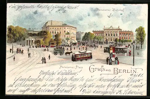Lithographie Berlin-Tiergarten, Potsdamer Platz mit Potsdamer Bahnhof und Strassenbahn