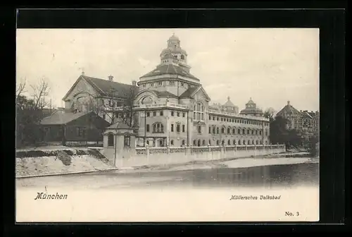 AK München, Müllersches Volksbad von der Isar aus gesehen