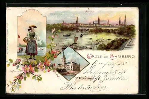 Lithographie Hamburg, Rathaus, Alster, Frau in Tracht