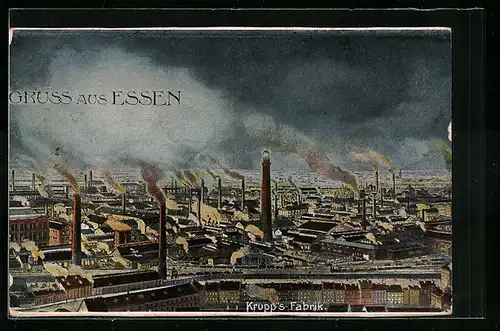 Künstler-AK Essen, Generalansicht der Stadt mit den rauchenden Schornsteinen