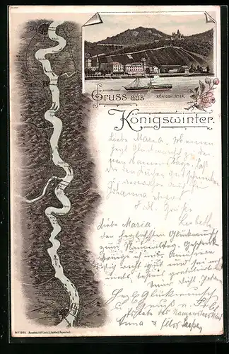 Lithographie Königswinter, Panorama, Flusslauf mit Umgebung