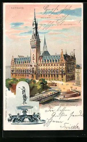 Lithographie Hamburg, Ansicht vom Rathaus