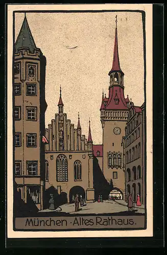 Steindruck-AK München, Altes Rathaus