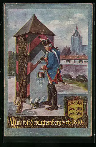 Künstler-AK Ulm a. Donau, Soldat überpinselt bayerisches Zeichen am Wachhäuschen, denn Ulm wird württembergisch 1810
