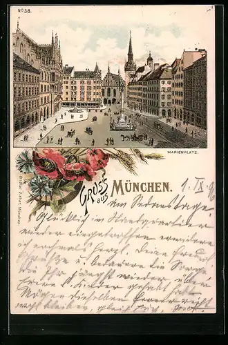 Lithographie München, Marienplatz mit Passanten