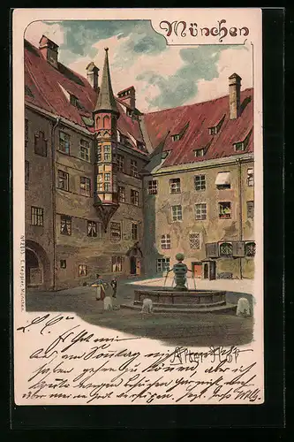 Lithographie München, Alter Hof im Licht- und Schattenspiel, Private Stadtpost