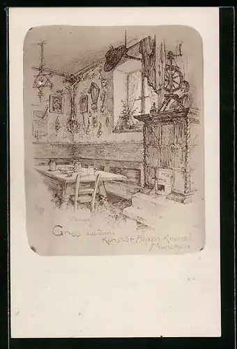 Künstler-AK München, Künstler Alpen Kranzl, Innenansicht