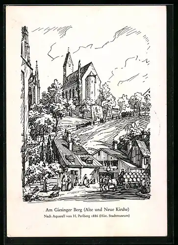 Künstler-AK München-Giesing, Am Giesinger Berg, Alte und Neue Kirche