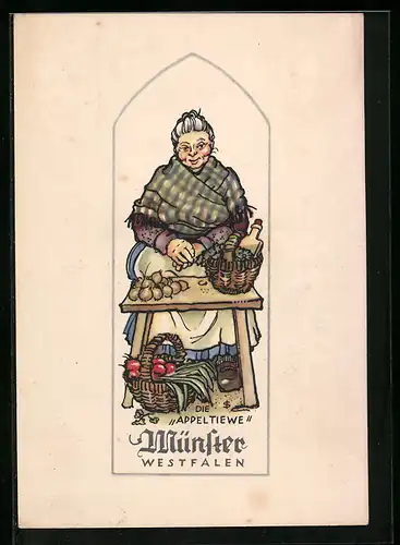 Künstler-AK Münster i. W., Die Appeltiewe, Marktfrau, Münsterisches Original