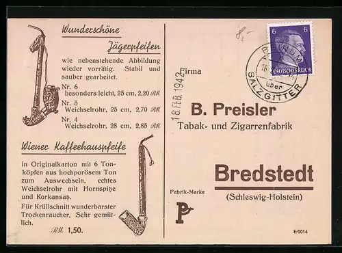 AK Beinum /Salzgitter, Korrespondenzkarte d. Schneidermeisters Albert Jordan an B. Preisler Zigarrenfabrik i. Bredstedt