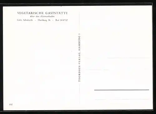 AK Hamburg, Vegetarische Gaststätte über den Alsterarkaden, Bes. Gebr. Schubarth