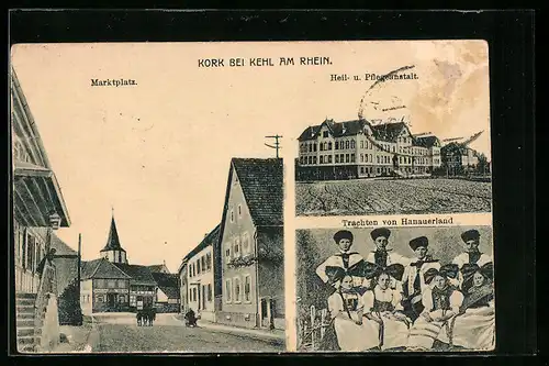 AK Kork b. Kehl /Rhein, Marktplatz, Heil- und Pflegeanstalt, Trachten von Hanauerland