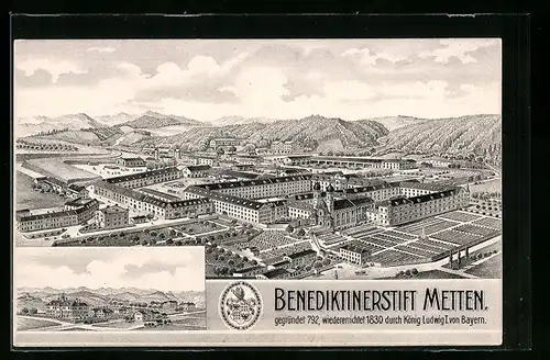 AK Metten, Benediktinerstift, gegründet 792, wiedererrichtet 1830 durch König Ludwig I. von Bayern, Mehrfachansicht