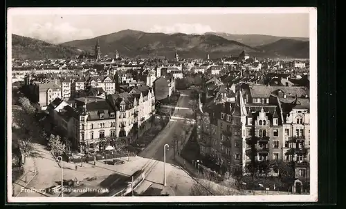 AK Freiburg i. Br., Strassenbahn auf dem Hohenzollernplatz