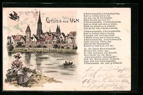 Lithographie Ulm, Panorama und Schwabentracht