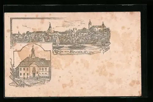 Lithographie Strehla, Panorama und Rathaus
