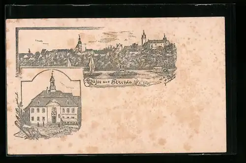 Lithographie Strehla, Panorama und Rathaus