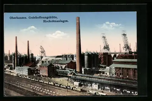 AK Oberhausen, Gutehoffnungshütte, Hochofenanlagen mit Bahngelände