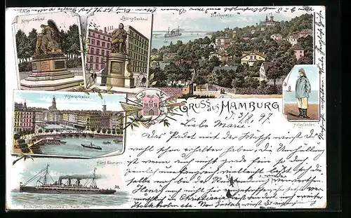 Lithographie Hamburg, Lessing-Denkmal, Alsterarkaden, Blankenese, Helgoländer, Dampfschiff Fürst Bismarck