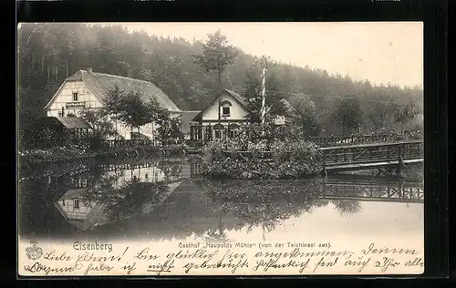 AK Eisenberg, Gasthof Naupolds Mühle von der Teichinsel aus gesehen