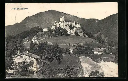 AK Hohenaschau, Panorama des Ortes mit Bergen