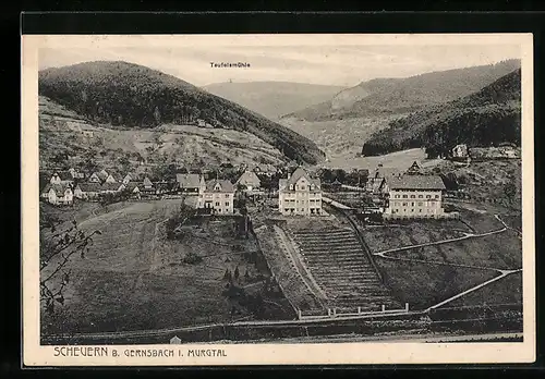 AK Scheuern b. Gernsbach i. Murgtal, Teilansicht mit Teufelsmühle