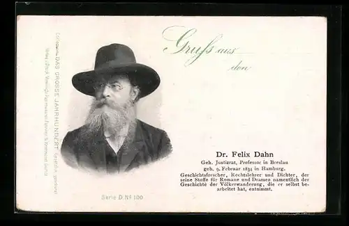 AK Portrait Justizrat u. Professor Felix Dahn mit Hut und Brille im Anzug