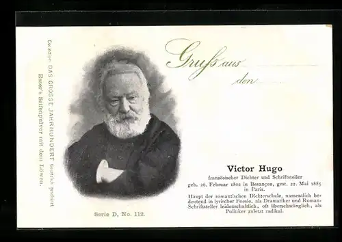 AK Portrait Schriftsteller Victor Hugo mit Bart im Anzug