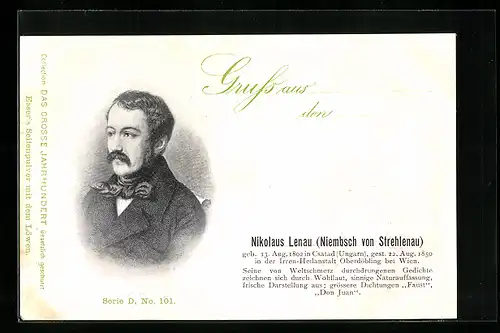 AK Portrait von Nikolaus Lenau, Niembsch von Strehlenau, ungarischer Dichter