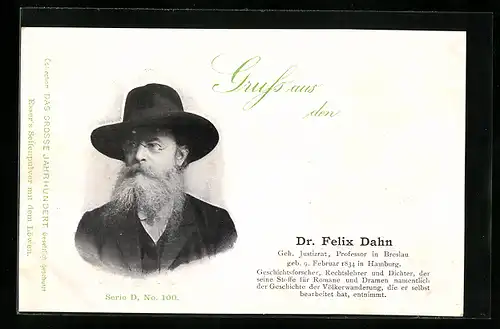 AK Portrait Dichter Dr.Felix Jahn mit Hut und Bart im Anzug