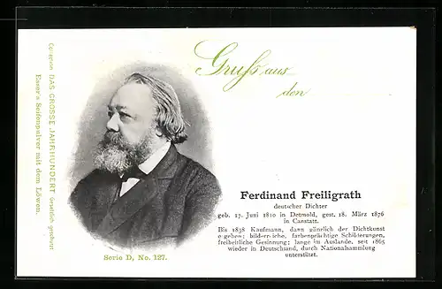 AK Deutscher Dichter Ferdinand Freiligrath im Portrait
