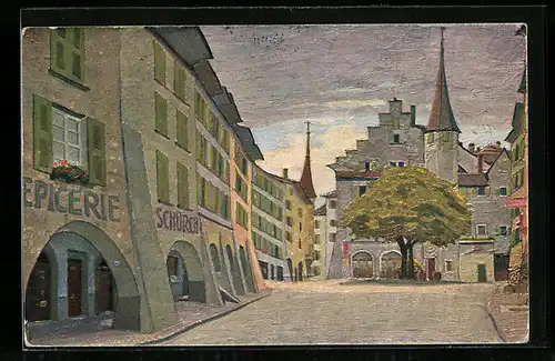 Künstler-AK Biel, Obergasse, Kirche