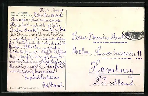 Künstler-AK Biel, Obergasse, Kirche